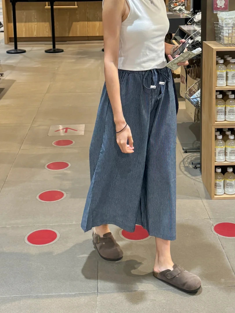 孕妇裤子休闲外穿薄款条纹抽绳阔腿裤慵懒感八分裤夏季遛弯裤时髦