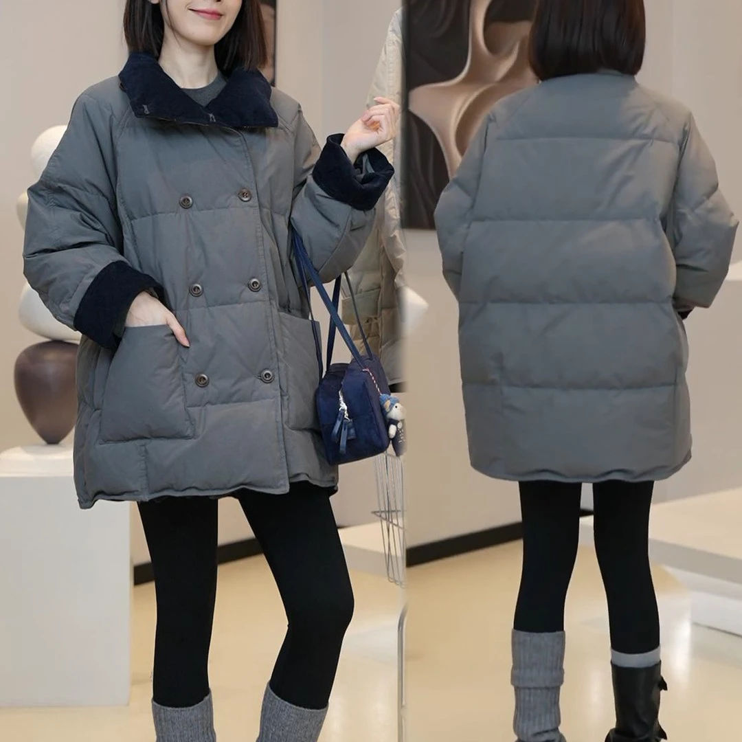 时尚韩版百搭中长款棉衣外套2025冬季新款宽松显瘦立领双排扣棉服