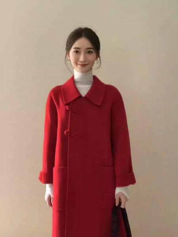 红色双面羊绒大衣女2025秋冬新款小个子羊毛新中式结婚订婚呢外套