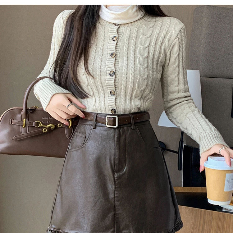 韩版皮裙女2025秋冬防走光裤裙木耳边摆半身裙pu皮短裙高腰a字裙