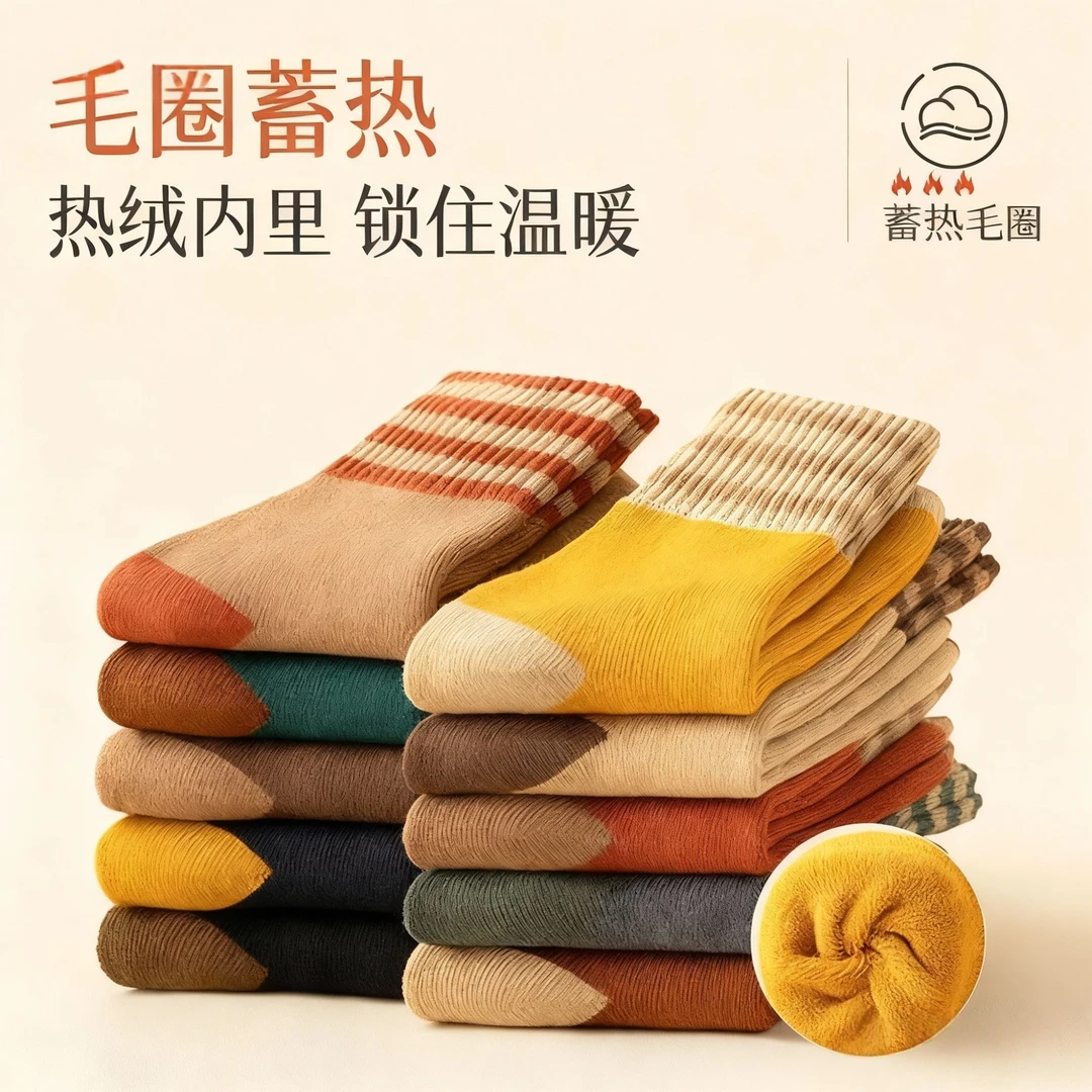 【到手10双】加绒袜子女毛巾袜条纹美拉德保暖长袜筒袜秋冬加厚