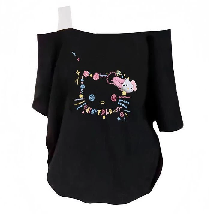 夏季新款2025凯蒂猫可爱印花短袖T恤露肩宽松百搭ins风甜美上衣女