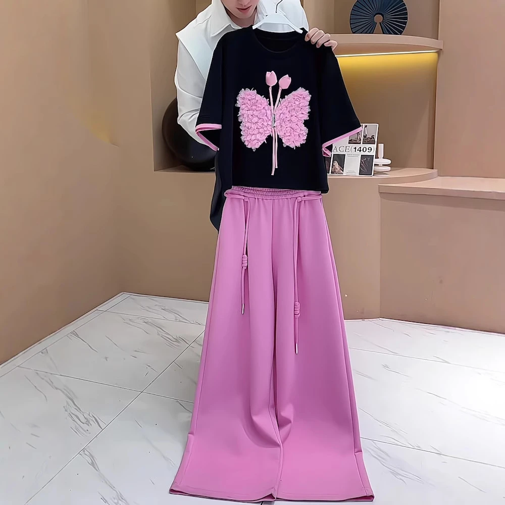 设计感休闲减龄直筒长裤一整套黑色蝴蝶印花短袖减龄T恤两件套女