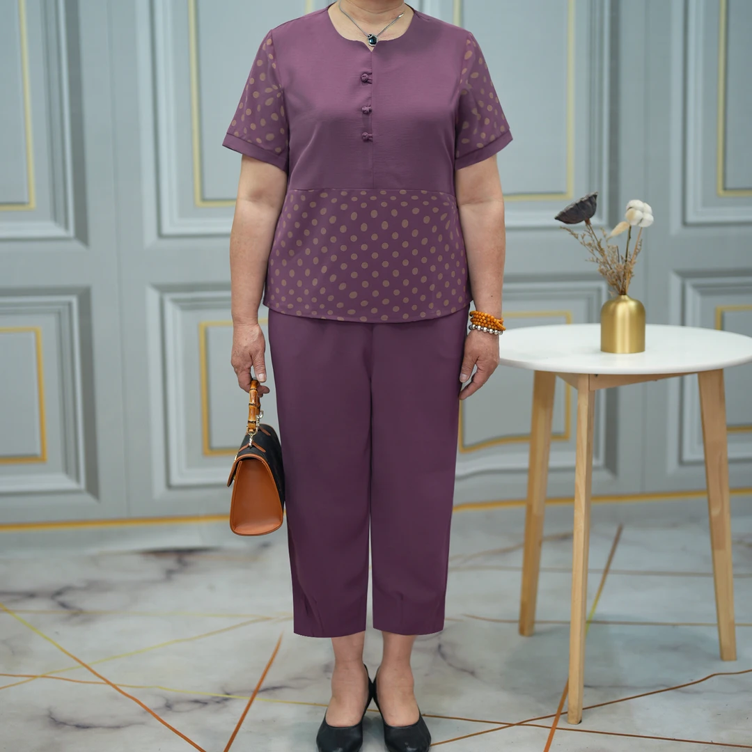 大码妈妈装爱心领波点套装2025夏款中老年洋气萝卜裤两件套宽松