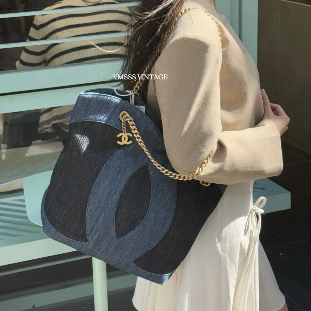 99新 Chanel/香奈儿 拼色牛仔布tote芯片款单肩包/07858