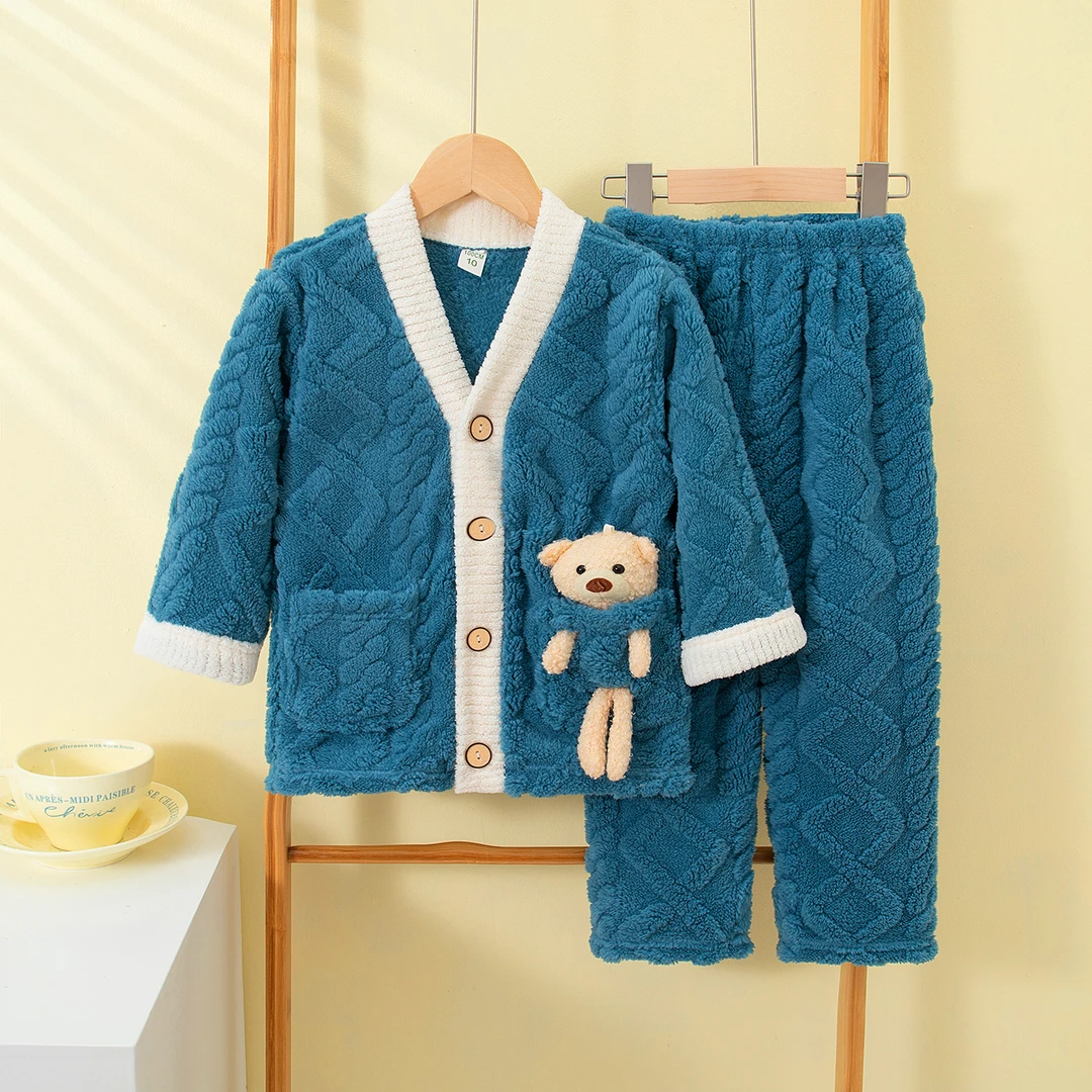 秋冬儿童法兰绒睡衣女童男大童加厚珊瑚绒男孩家居服宝宝亲子套装