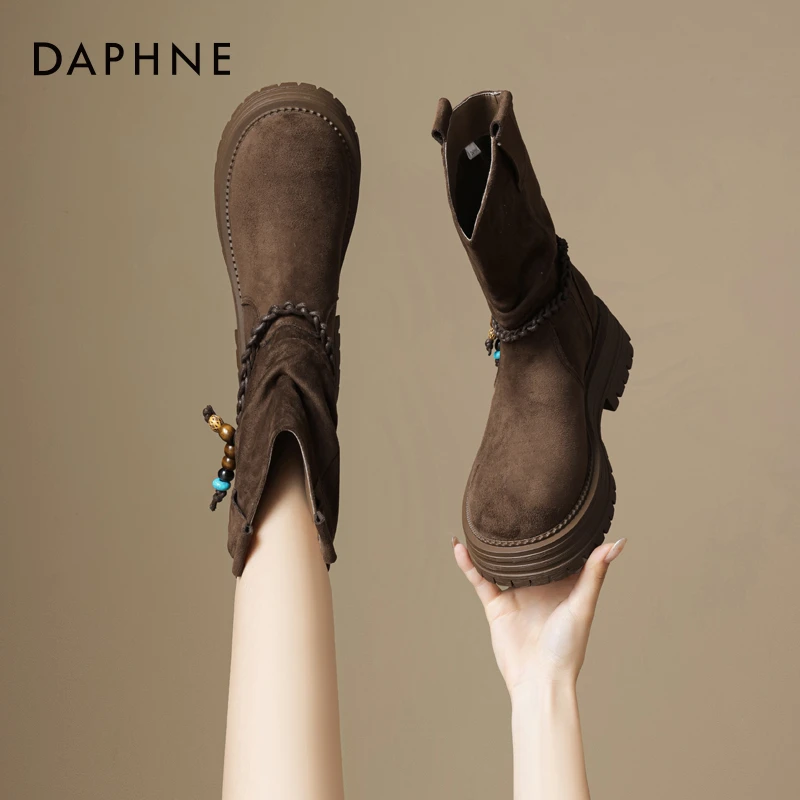 达芙妮品牌正品马丁靴女2025秋季新款西部牛仔靴复古美拉德风短靴
