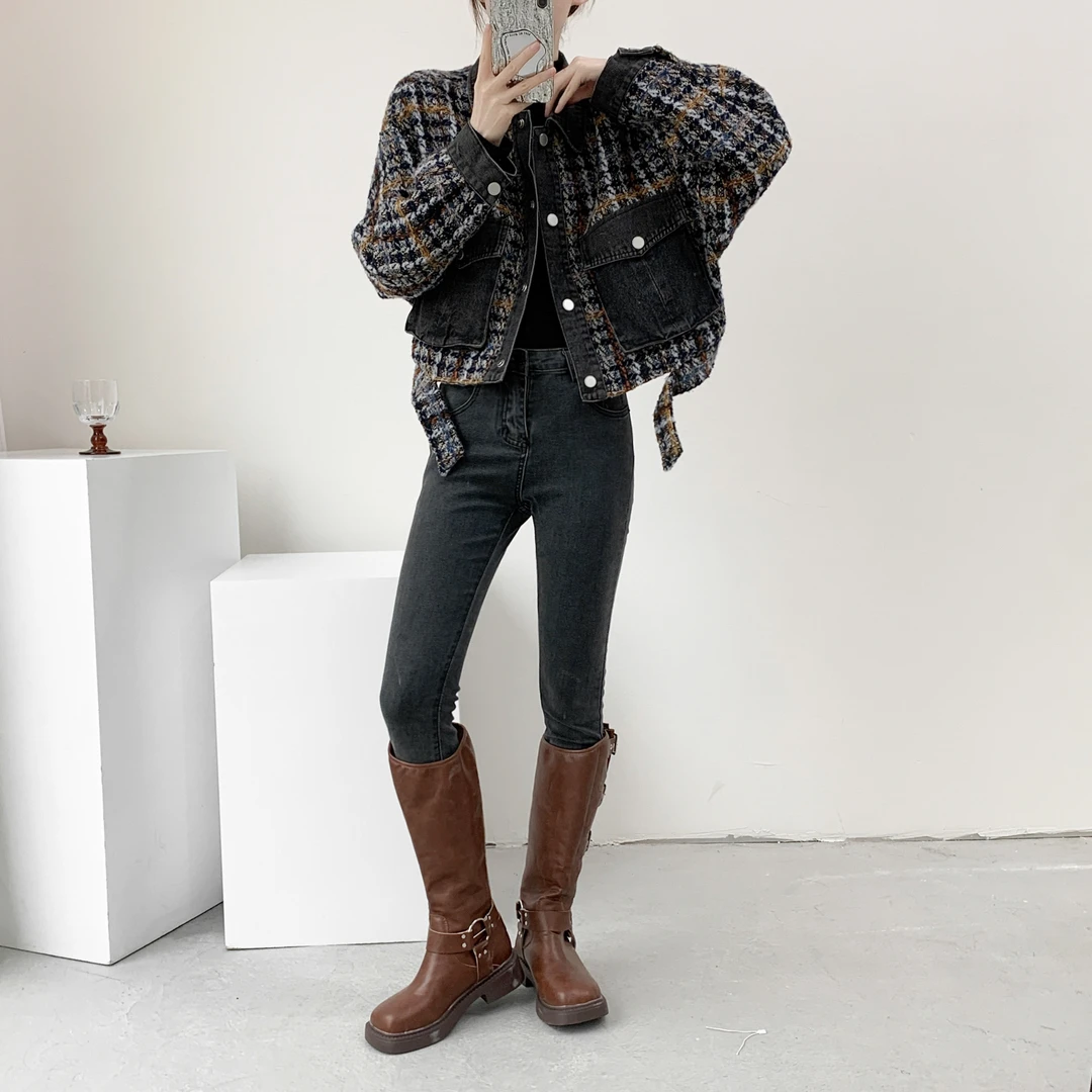 锡特帕第小香风外套女春秋季新款宽松牛仔拼接格子夹克短款上衣