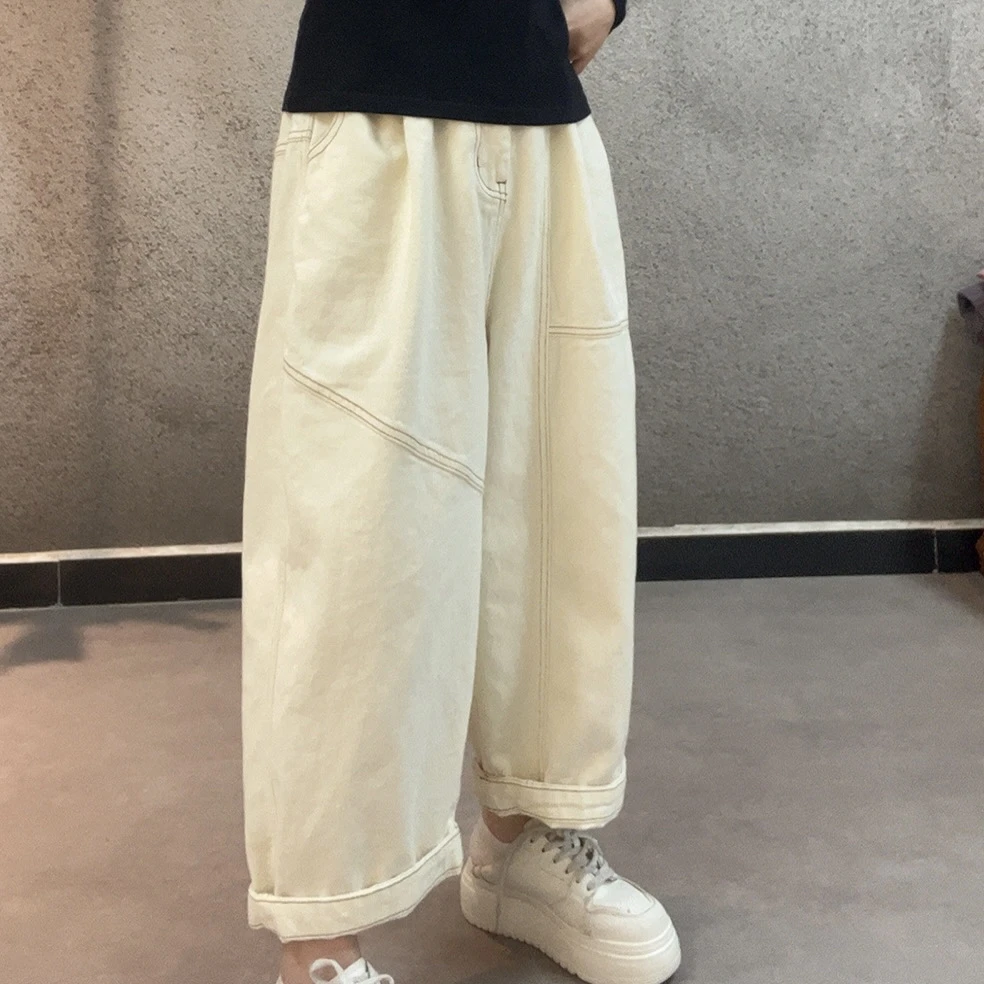 花社新款洋气百搭显瘦阔腿八分牛仔裤9250