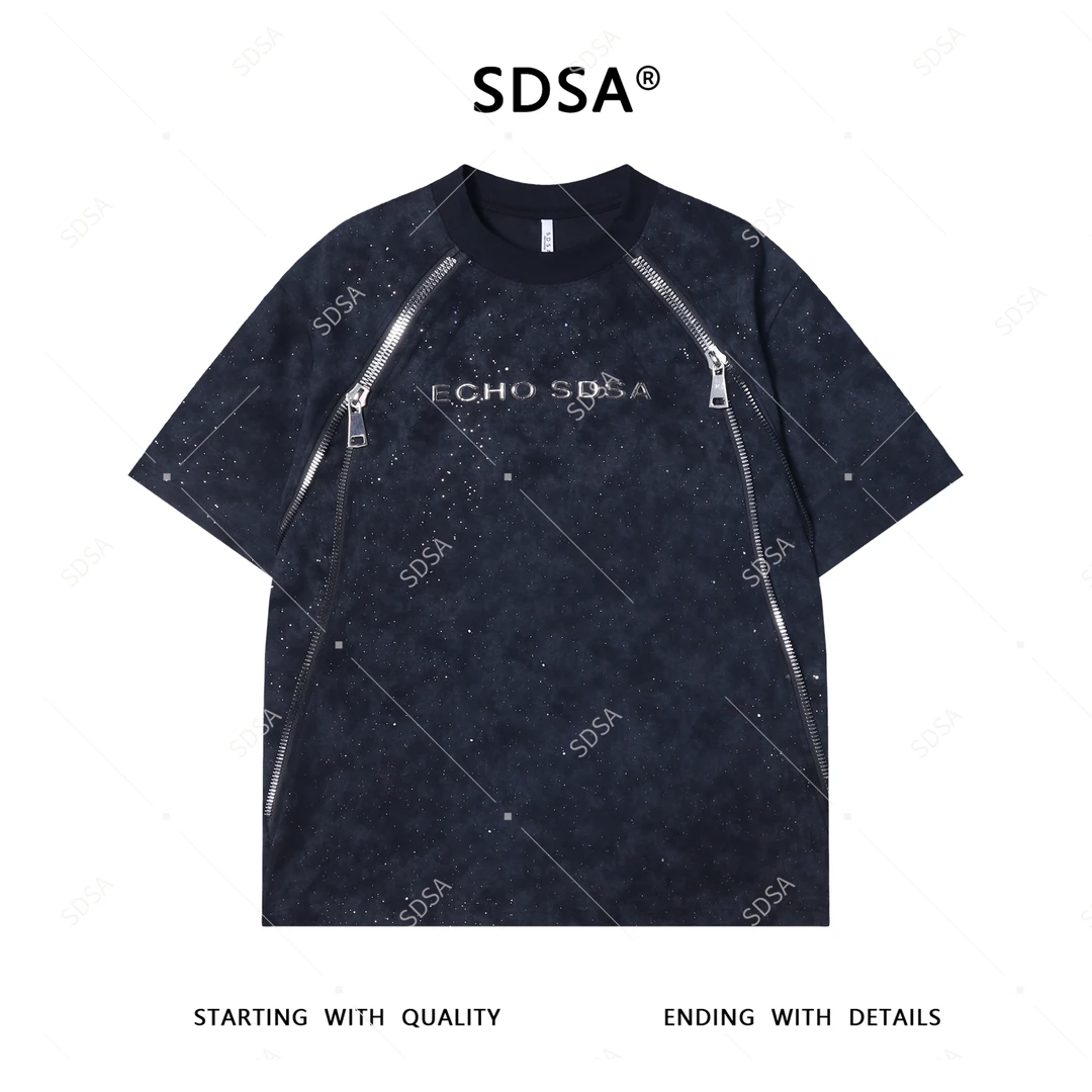 T3596夏季高级感男士痞帅立体字母拉链圆领短袖T恤百搭潮流上衣