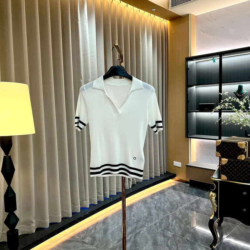 韩系简约小众针织条纹短袖时尚百搭薄款上衣GK-152