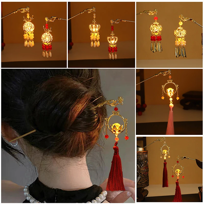 红色新年灯笼发簪会发光古风汉服头饰小女孩古装发卡宫灯发钗
