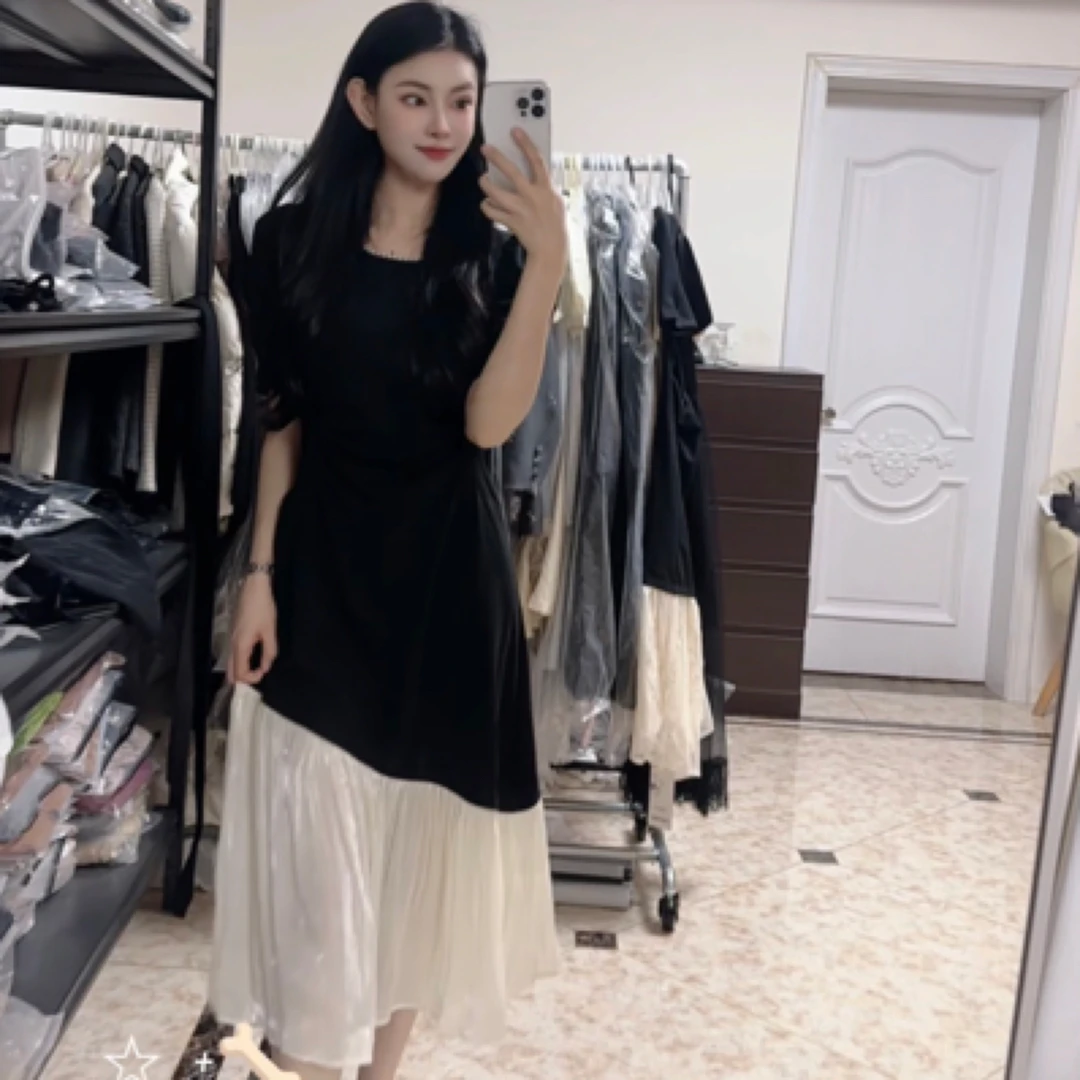 珍珠拼接长裙方领中腰夏季连衣裙高腰优雅风连衣裙095