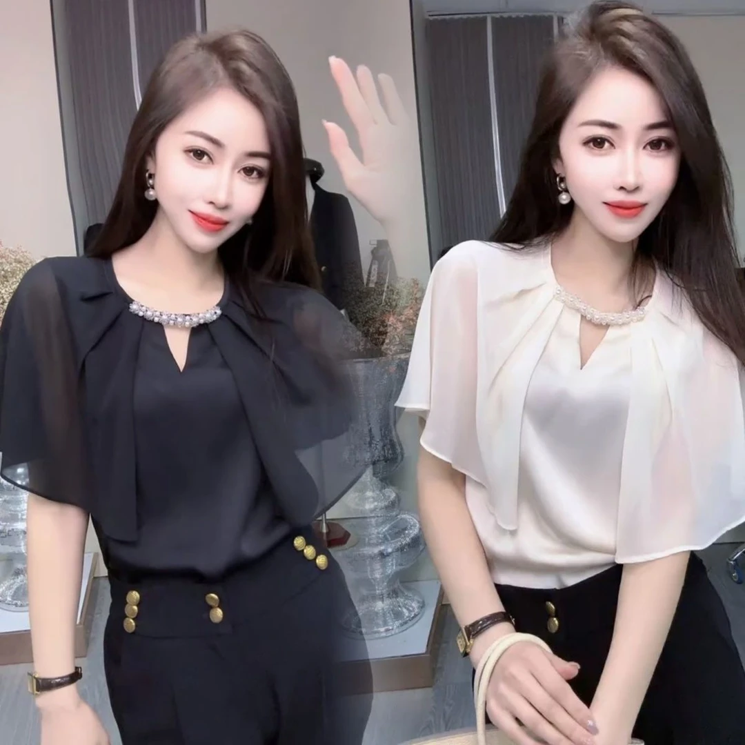 欧货时尚钉珠短袖雪纺衫女夏宽松显瘦遮肚子洋气质减龄设计感上衣