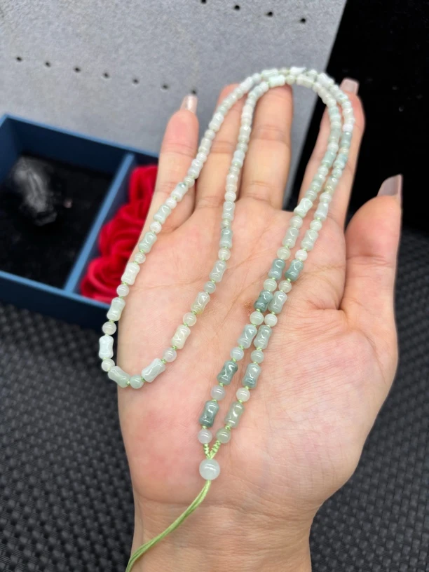 福利天然缅甸A货翡翠冰种竹节小蛮腰4mm玉石挂件绳毛衣链珠链百搭