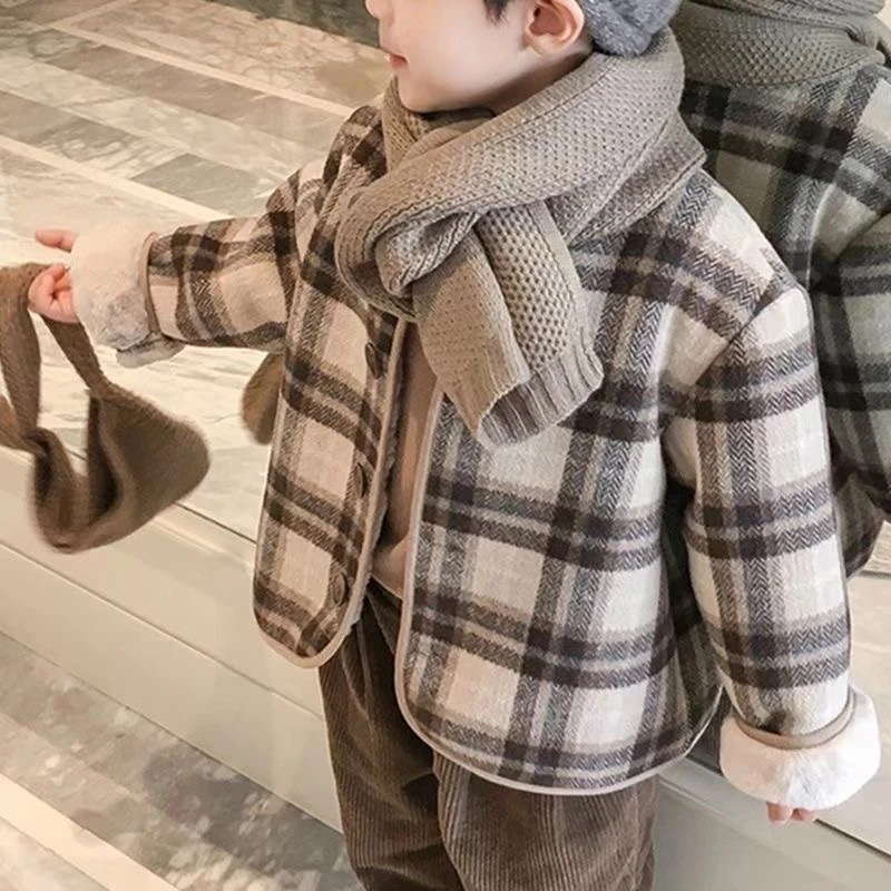 儿童格子加绒外套新款洋气毛呢秋冬季外衣男女童休闲百搭加厚棉衣