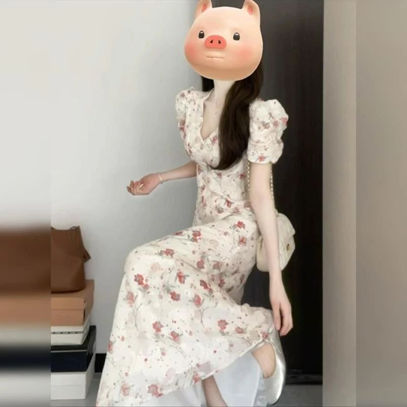 法式泡泡袖碎花连衣裙子女夏2025开春新款小个子气质收腰绝美长裙