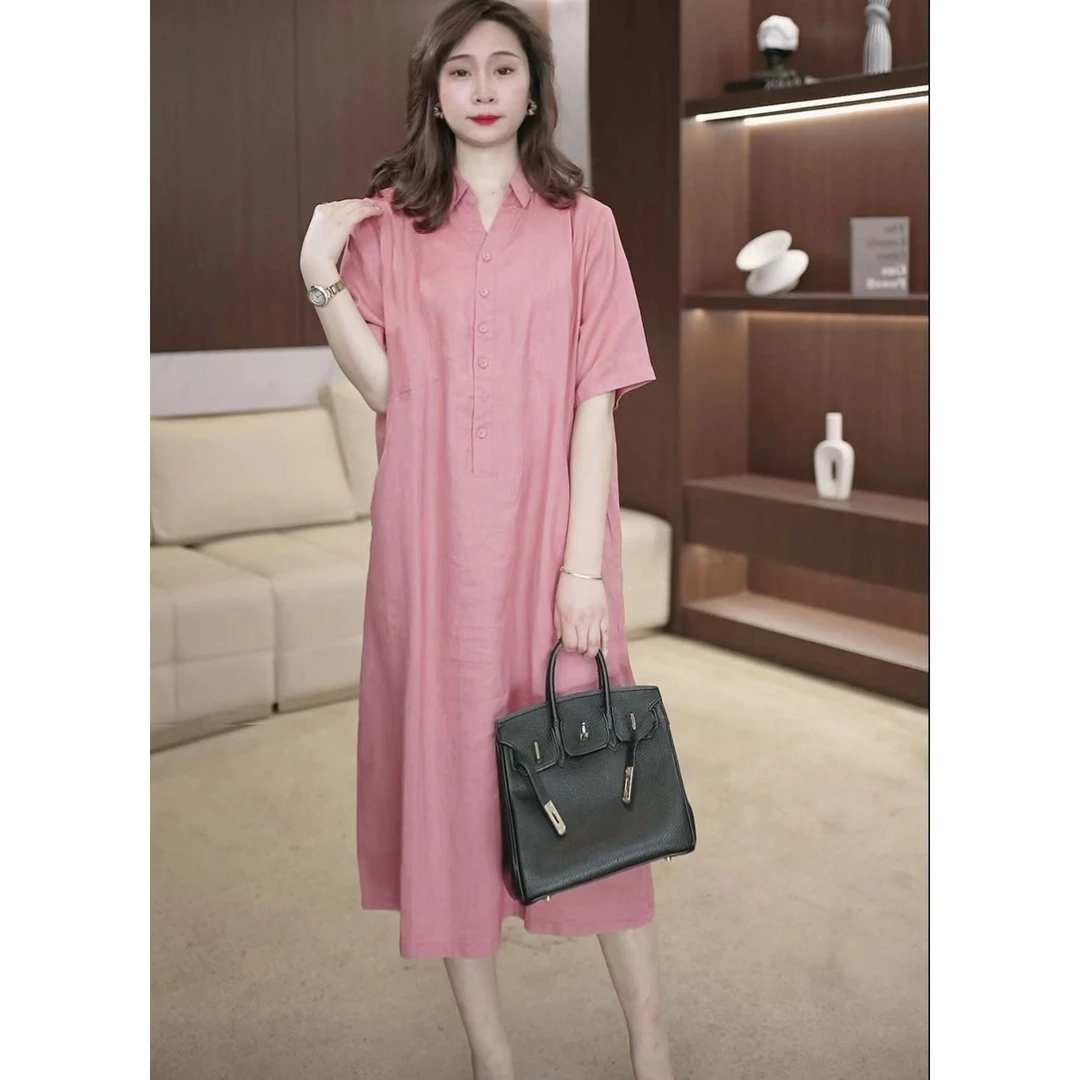 纯色麻料衬衫领连衣裙女夏季棉麻妈妈装遮肚休闲半袖裙子A1332