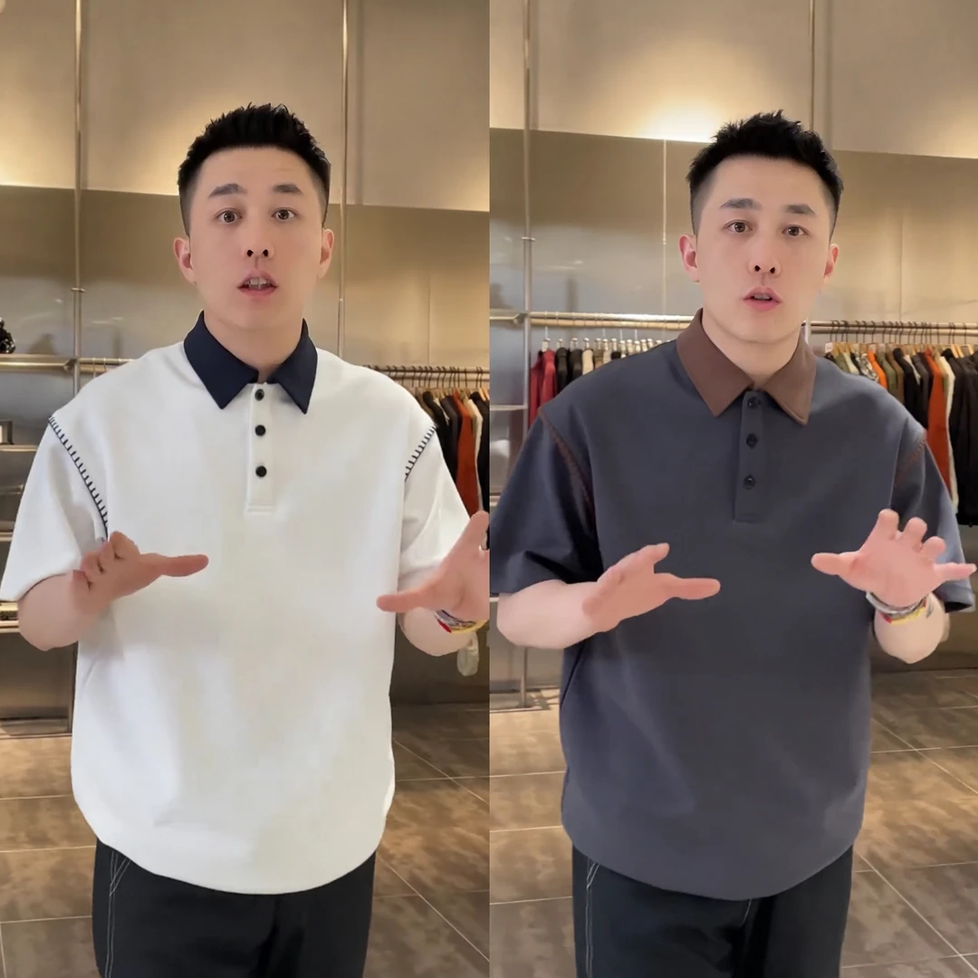 夏季新款明线设计撞色翻领Polo衫男士夏季凉感POLO衫短袖痞帅男装