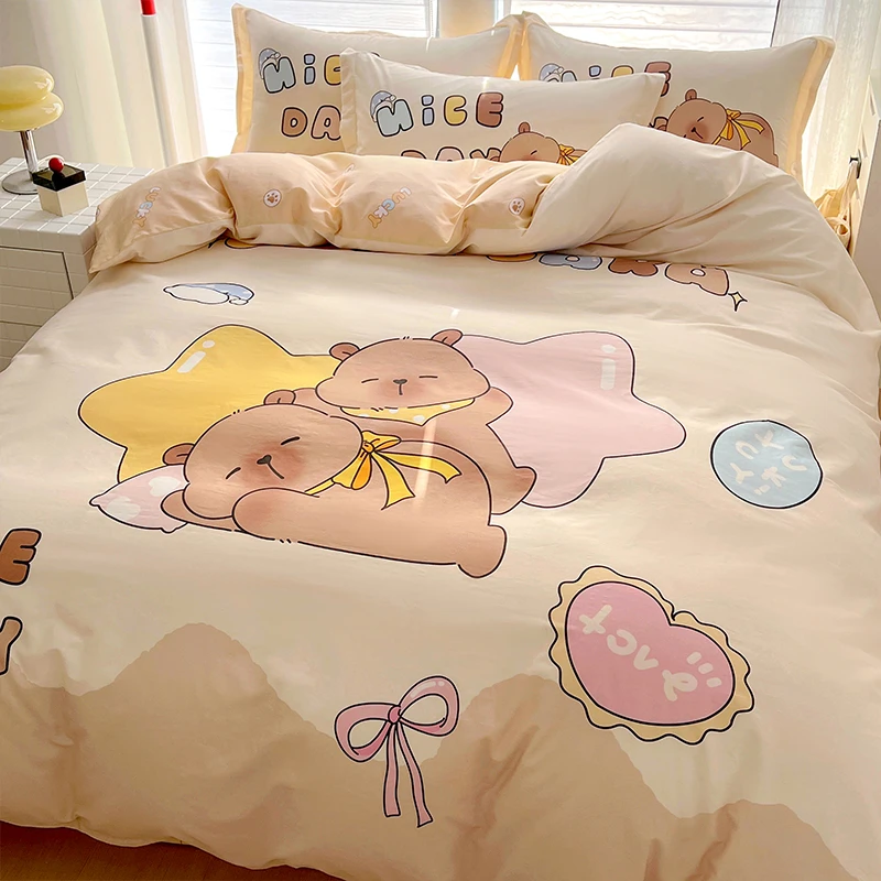 卡皮巴拉全棉儿童床上四件套100纯棉卡通被套学生宿舍床单三件套