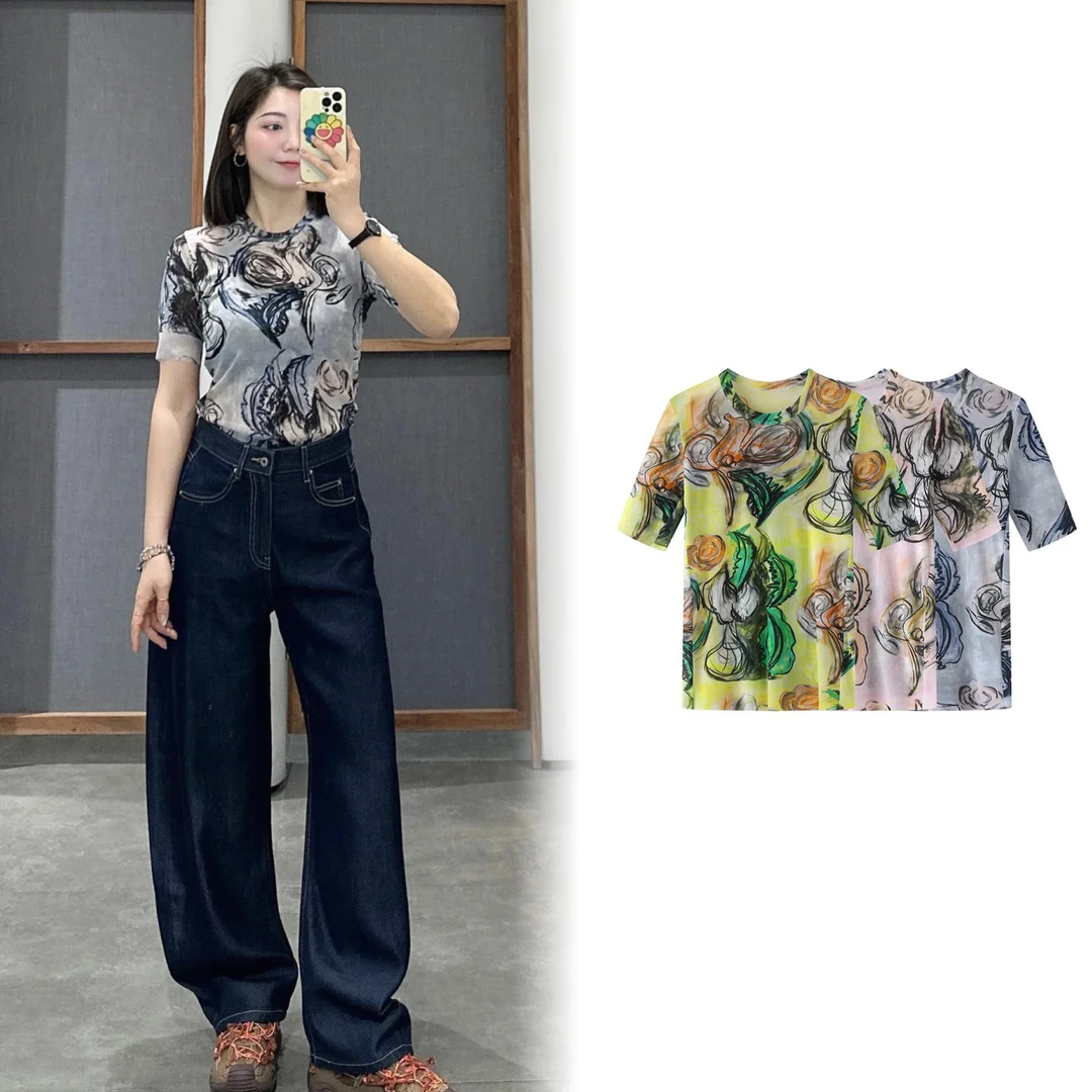 【0421】2025夏季新款花朵印花弹力短袖网纱打底衫皮肤衣T恤女