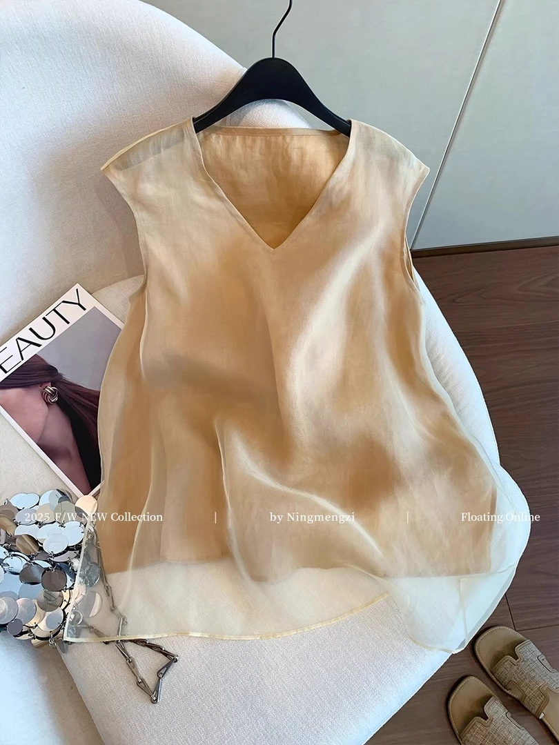 法式文艺慵懒V领无袖背心上衣女装夏季老钱风宽松温柔风显瘦小衫