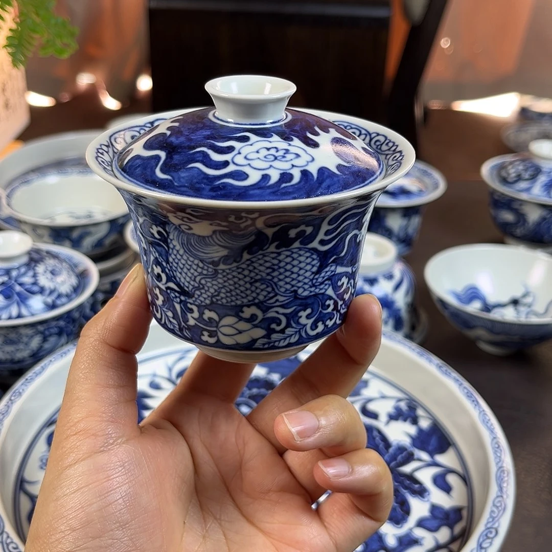 朝岚夕霞仿至正元青花原矿釉烧制全手绘盖碗