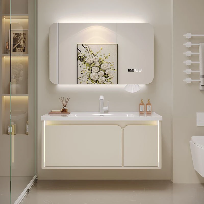 新款橡胶木烤漆浴室柜组合卫生间陶瓷一体盆圆弧美妆镜柜洗手盆柜