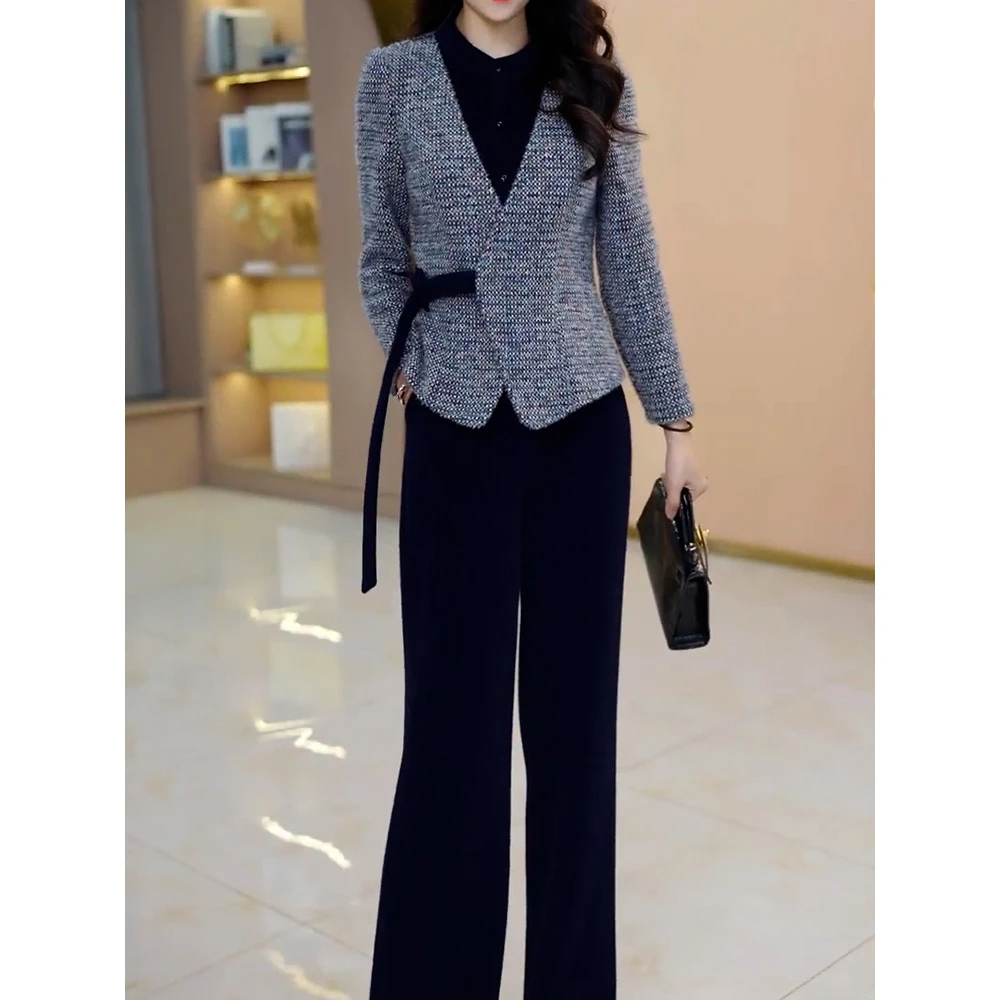 高级感洋气通勤裤套装2025秋季新款轻奢拼接设计感百搭上衣+裤子