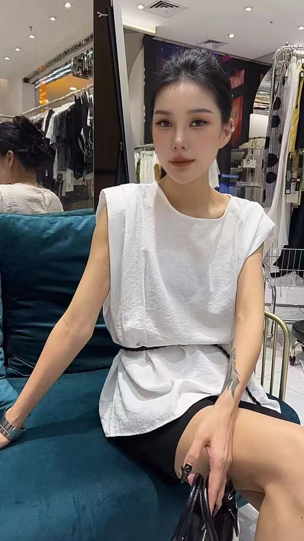 KM-韩版简约圆领无袖衬衫上衣66869