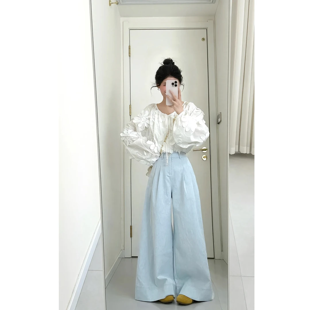 2025春季新款高级感重工刺绣花法式气质雪纺上衣搭配休闲裤两件套