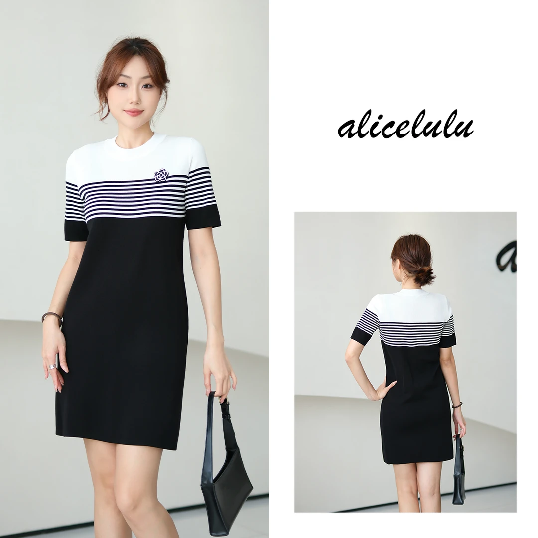 [alicelulu] 条纹短袖连衣裙休闲显瘦拼接针织 S2142547W