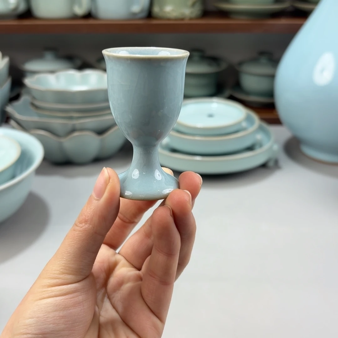 摆件瓷福利汝窑天青釉小酒杯