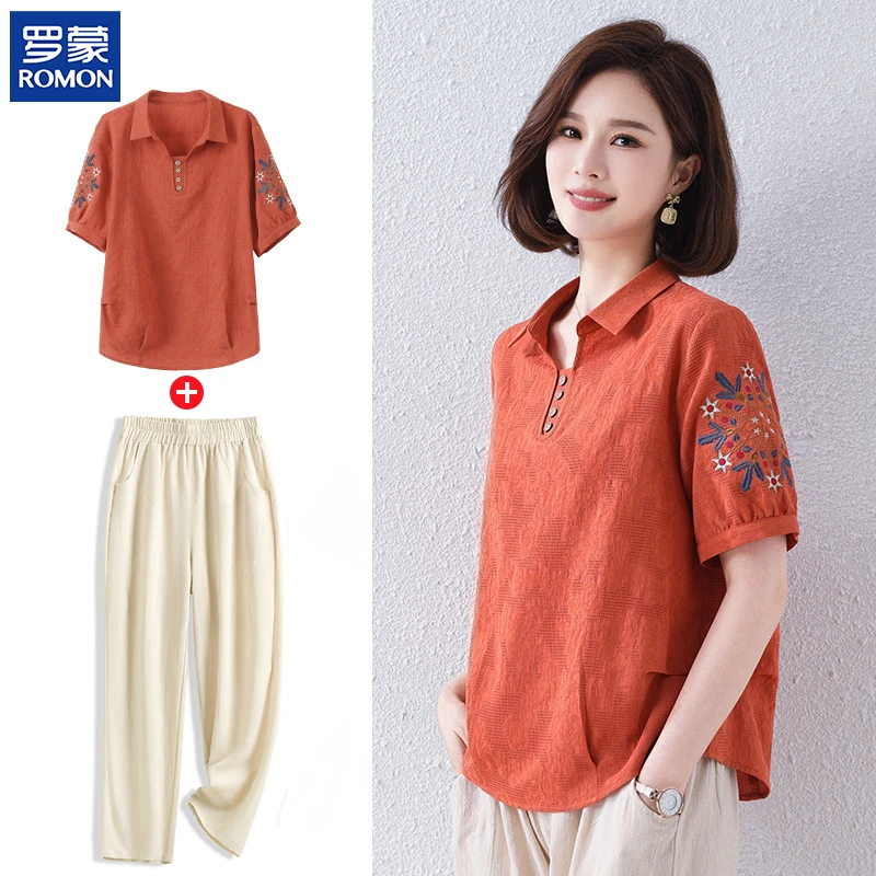 罗蒙时尚气质妈妈装夏季中年新款纯棉短袖两件套中老年女棉麻套装