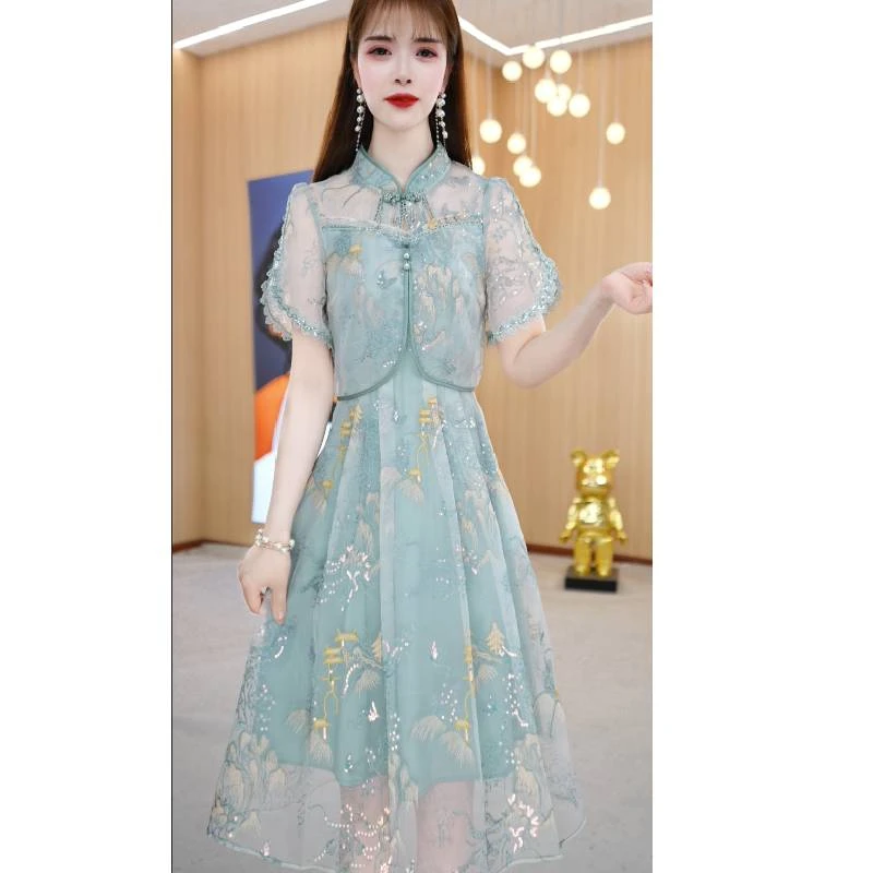 【半山逸境】夏季新款旗袍领优雅气质简约修身中长款连衣裙M-4XL