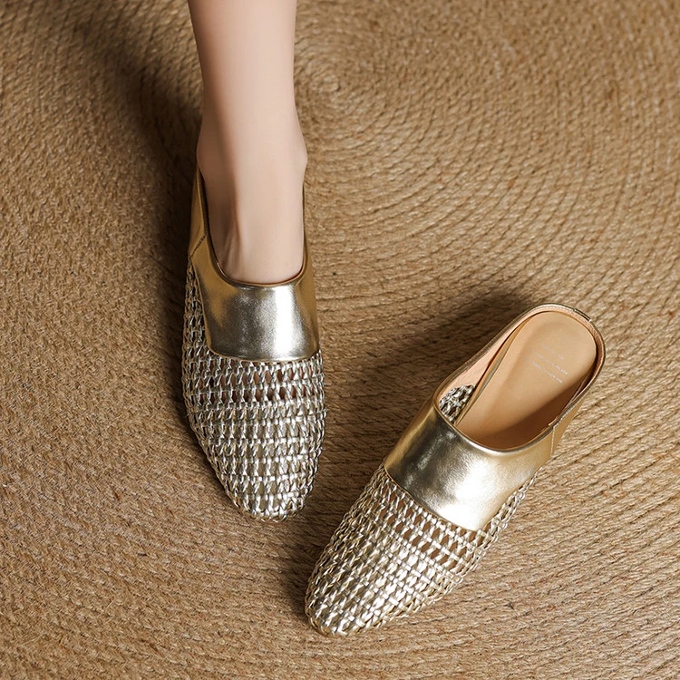 太古高定3cm/软底软面编织镂空包头半拖鞋女春夏新款芒果头中跟透