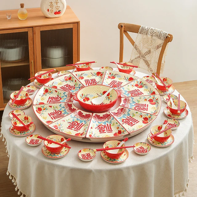 网红陶瓷团圆拼盘餐具组合碗碟套装过年夜饭圆桌扇形盘子菜盘家用