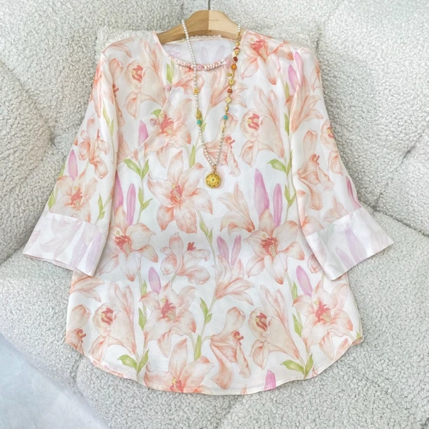 Miss.Z【百年好合】夏季新中式花萝人丝提花侧门襟衬衫#c6067