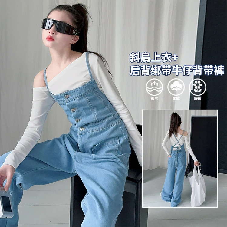 女童背带裤洋气韩版牛仔裤直筒裤2025新款宽松裤子春秋显瘦小个子