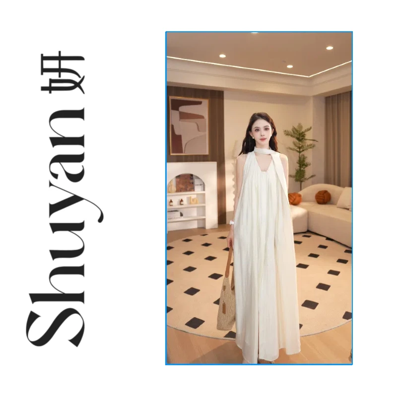 Shuyan妍【女神裙】醋酸天丝香槟色度假飘带仙气度假连衣裙639251