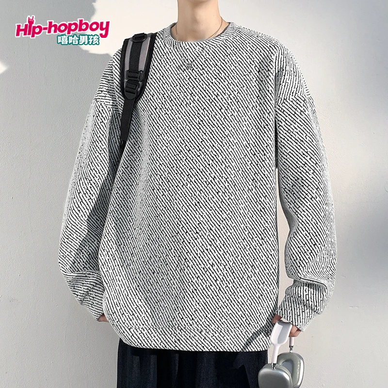 长袖男春季卫衣提花圆领春秋情侣港风宽松潮流百搭套头上衣