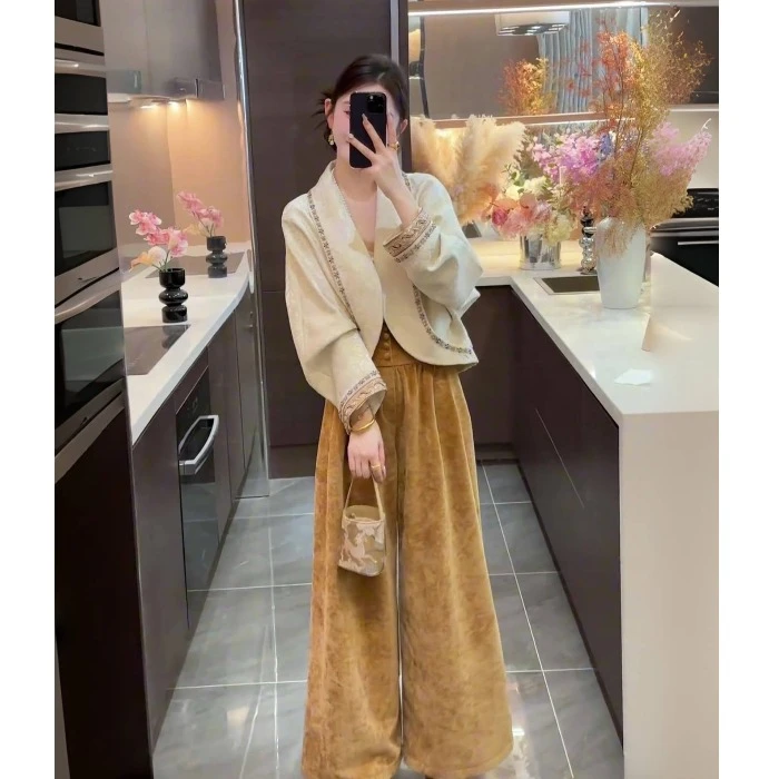 【知与性】【星辰】秋季新款中式设计款茧型提花刺绣外套+休闲裤套装