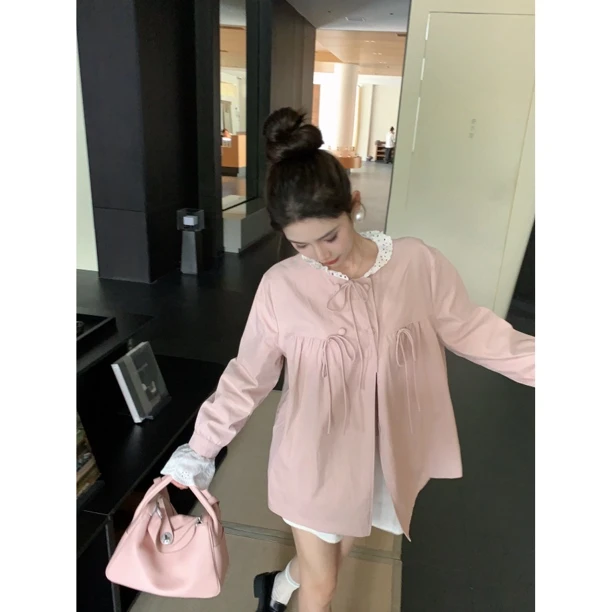 【赵小小&甜心赴约】7377 复古木耳边圆领打褶抽绳宽松显瘦长袖衬衫