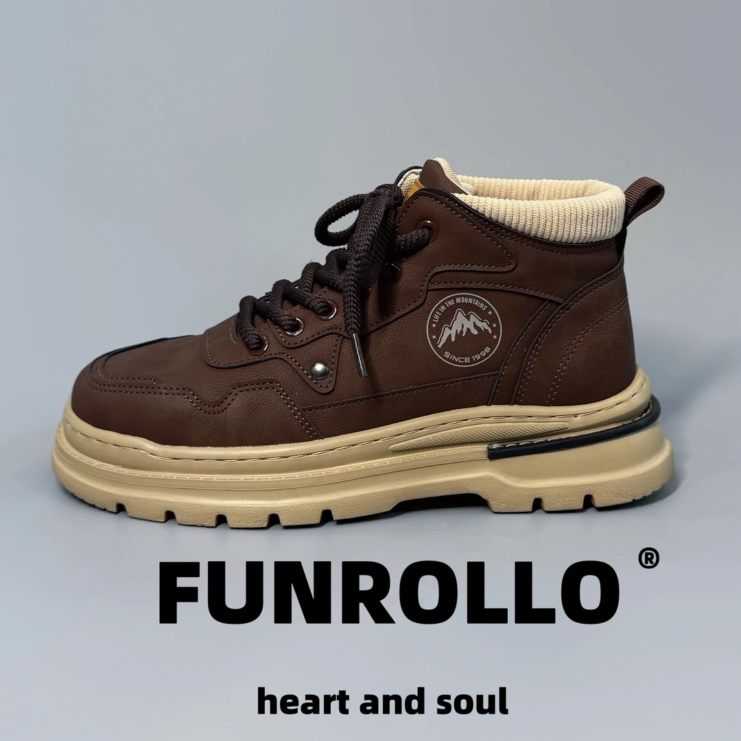 系带复古低帮厚英伦风潮流马丁靴皮革拼接户外中帮秋冬保暖工装靴