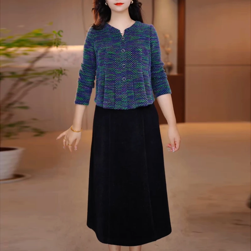 高级雪花绒假两件连衣裙2025秋冬加厚遮肚子优雅洋气中年妈妈裙子