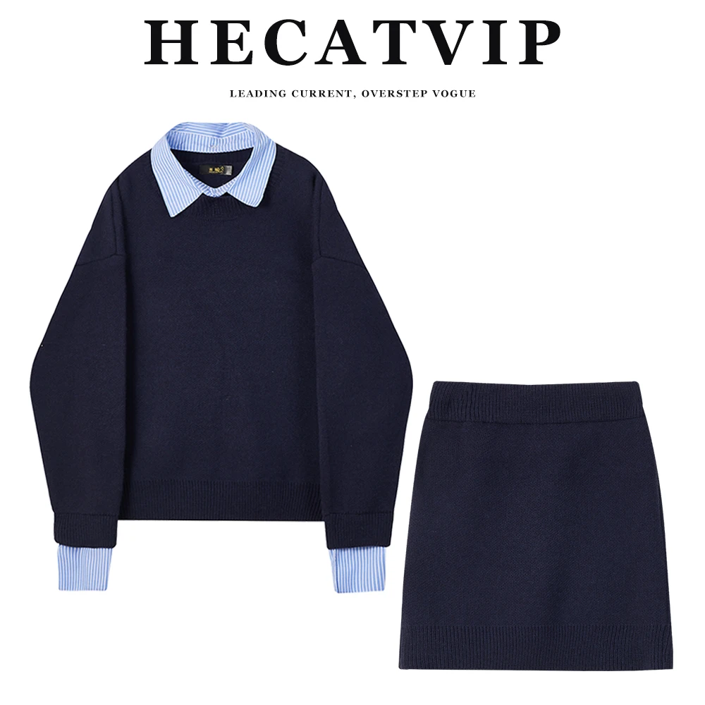 HECATVIP时尚女神范气质毛衣+高腰包臀针织短裙套装2025秋冬新款