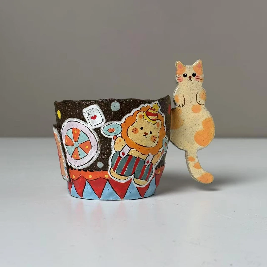 275立体小猫把手紫砂水杯