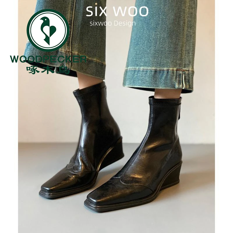 啄木鸟坡跟短靴2025秋冬新款方头后拉链瘦瘦靴显瘦6厘米跟时装靴