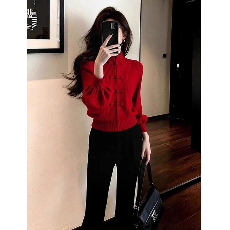 冬季高端时髦洋气氛围感盘扣立领毛衣百搭高级感新中式红色针织衫