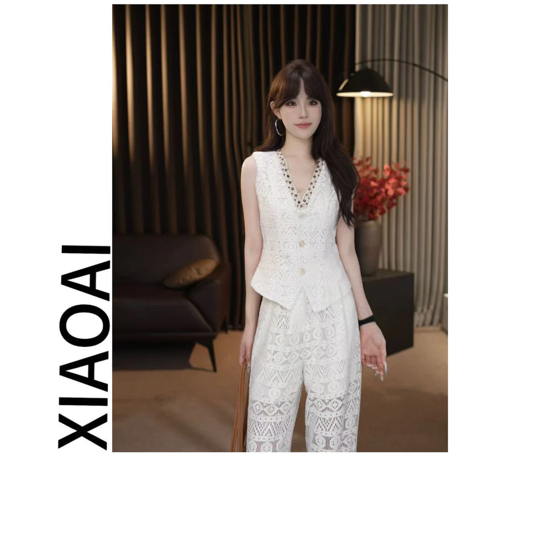 珩绣时尚套装上衣休闲镂空夏季时尚复古蕾丝镂空马甲套装A008